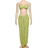 Women Spring Summer Sexy Strapless Vest Solid Crop Top and Tie Skirt Two-Piece Set