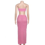 Women Spring Summer Sexy Strapless Vest Solid Crop Top and Tie Skirt Two-Piece Set