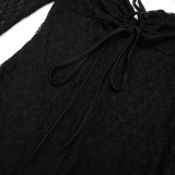 Women Sexy Strapless Lace Hollow-Out Drawstring Long-Sleeved Jumpsuit