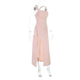 Women French Sexy Ruffled Square Neck Gathered Slit Dress