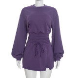 Women Autumn Round Neck Long-Sleeved Hoodies and Drawstring Skirt Two-Piece Set