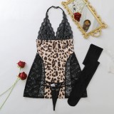 Women Halter Neck Lace Patchwork sexy leopard print see-through dress