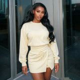 Women Autumn Round Neck Long-Sleeved Hoodies and Drawstring Skirt Two-Piece Set
