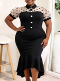 Plus Size Women Polka Dot Mesh Turndown Collar Bubble Short-Sleeved Irregular Fishtail Bodycon Dress