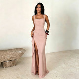 Women French Sexy Ruffled Square Neck Gathered Slit Dress