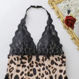 Women Halter Neck Lace Patchwork sexy leopard print see-through dress