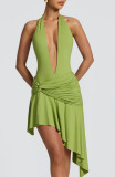 Women Summer Sexy Halter Neck V Neck Backless Bodysuit and Irregular Skirt Two-Piece Set