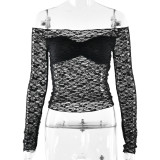 Women See-Through Lace Off Shoulder Long Sleeve Top