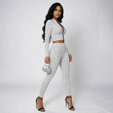 Women Polka Dot Print Long-Sleeved Zipper Top and Pants Two-Piece Set