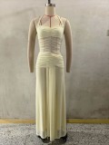 Women Halter Neck Mesh See-Through Summer Yellow Holidays Maxi Dress