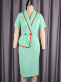 Women Turndown Collar Color Block Mint Green Short-Sleeved Ruffled Bodycon Dress