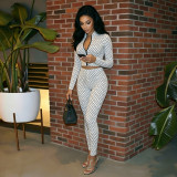 Women Polka Dot Print Long-Sleeved Zipper Top and Pants Two-Piece Set
