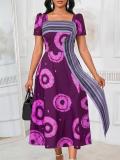 Women printed holiday square neck ribbon summer dress