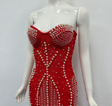 Women strapless sexy beaded red bandage bodycon dress