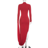 Women Solid Half-High Neck Asymmetrical Sleeve Dress