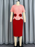 Women Summer Color Block Short-Sleeved Floral Bodycon Dress