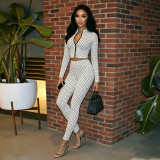 Women Polka Dot Print Long-Sleeved Zipper Top and Pants Two-Piece Set