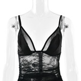 Women Spring Elegant Sexy Lace Jacquard See-Through Backless Strap Dress