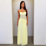 Women Halter Neck Mesh See-Through Summer Yellow Holidays Maxi Dress