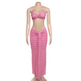 Women Spring Summer Sexy Strapless Vest Solid Crop Top and Tie Skirt Two-Piece Set