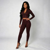 Women Polka Dot Print Long-Sleeved Zipper Top and Pants Two-Piece Set