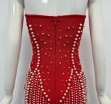 Women strapless sexy beaded red bandage bodycon dress