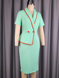 Women Turndown Collar Color Block Mint Green Short-Sleeved Ruffled Bodycon Dress