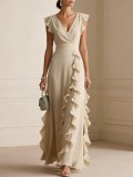 Women solid pleated short-sleeved V-neck chiffon dress