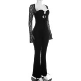 Women Sexy Strapless Lace Hollow-Out Drawstring Long-Sleeved Jumpsuit