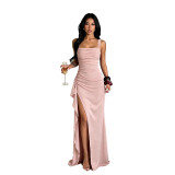 Women French Sexy Ruffled Square Neck Gathered Slit Dress