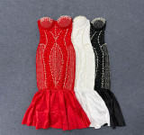 Women strapless sexy beaded red bandage bodycon dress