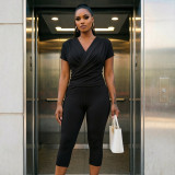 Women Autumn V-Neck Cross-Pleated Wrap-Up Short-Sleeved Top and Capri Pants Two-Piece Set
