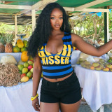 Women Casual American Striped Letter Sleeveless Sexy Top