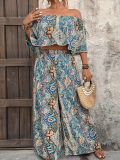 Plus Size Women Summer Holidays Print Off-Shoulder Top and Pant Two-Piece Set