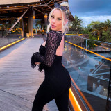 Women Sexy Strapless Lace Hollow-Out Drawstring Long-Sleeved Jumpsuit