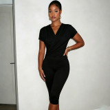 Women Autumn V-Neck Cross-Pleated Wrap-Up Short-Sleeved Top and Capri Pants Two-Piece Set
