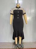 Plus Size Women Polka Dot Mesh Turndown Collar Bubble Short-Sleeved Irregular Fishtail Bodycon Dress