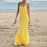Women Autumn Solid Casual Sleeveless Backless Halter Fishtail Dress