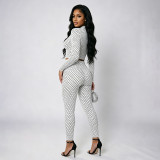 Women Polka Dot Print Long-Sleeved Zipper Top and Pants Two-Piece Set