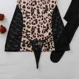 Women Halter Neck Lace Patchwork sexy leopard print see-through dress