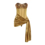 Women spring sexy strapless irregular patchwork bodycon bodysuit
