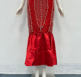 Women strapless sexy beaded red bandage bodycon dress