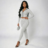 Women Polka Dot Print Long-Sleeved Zipper Top and Pants Two-Piece Set