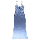 Women Lace Bow Halter French Sexy Backless Fishtail Dress
