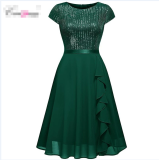 Sequined Short Sleeve Patchwork Chiffon Swing Dress Slim Sexy Bridesmaid Dress
