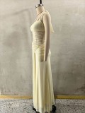 Women Halter Neck Mesh See-Through Summer Yellow Holidays Maxi Dress