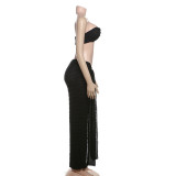 Women Spring Summer Sexy Strapless Vest Solid Crop Top and Tie Skirt Two-Piece Set