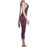 Women Summer Print Halter Neck Backless Jumpsuit