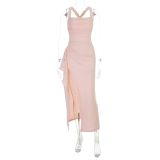 Women French Sexy Ruffled Square Neck Gathered Slit Dress