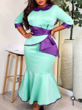 Plus Size Women Color Block Peter Pan Collar Large Bow Maxi Fishtail Bodycon Dress